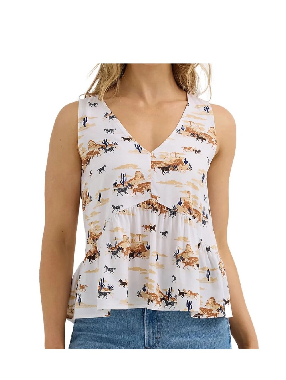 Wrangler Retro V-Neck Peplum Tank Western Horse Desert Print Size Medium
